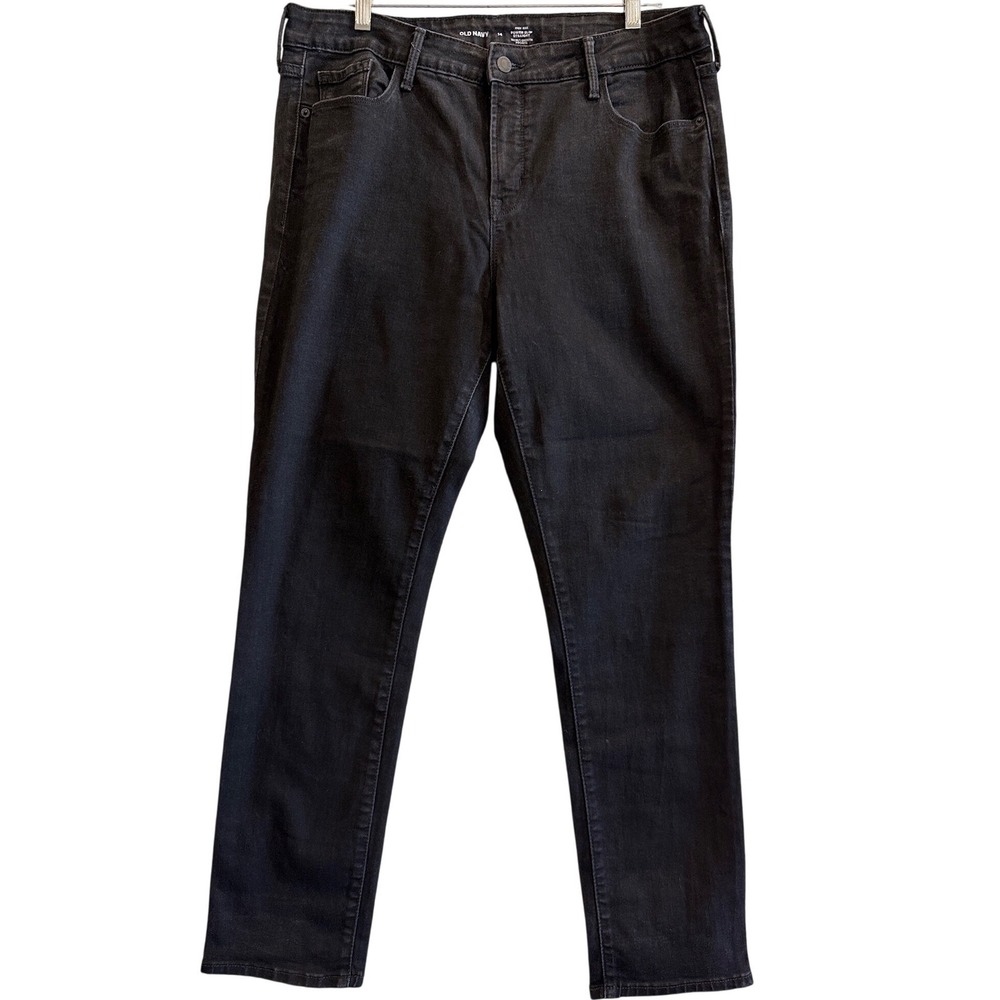 Old Navy Power Slim Straight Jeans Women 14‎ Black High Rise Stretch Denim